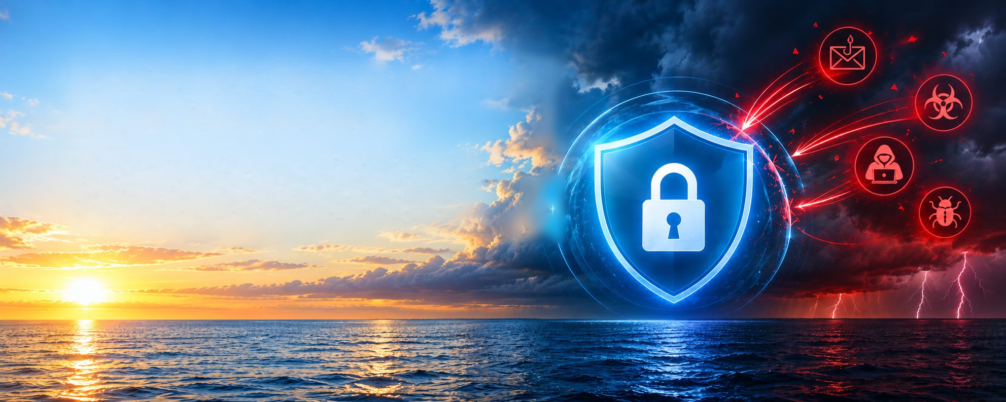 A glowing security shield deflecting phishing, malware, and hacker threats from a storm